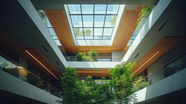 bright modern atrium with central skylight, stacked balconies, glass railings and lush indoor trees creating a calm, airy green courtyard