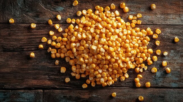 Golden corn kernels scattered on a rustic wooden surface, warm cozy farmhouse still life