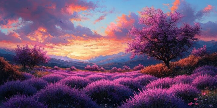 Sunset over a dreamlike lavender field with purple trees, rolling hills, distant mountains and a glowing colorful sky, serene and magical atmosphere