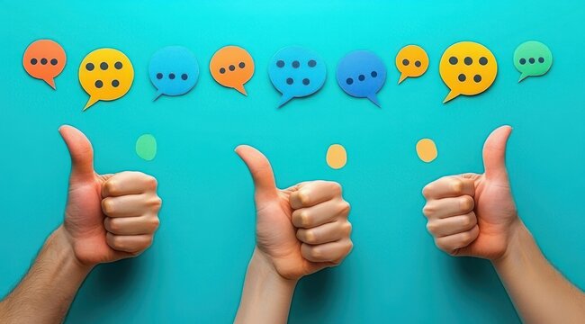 Three hands giving thumbs up beneath colorful speech bubbles on a teal background conveying approval, encouragement and positive communication