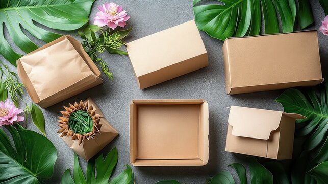 flat lay of kraft paper boxes and wraps with tropical green leaves and pink flowers evoking a natural calm eco-friendly vibe