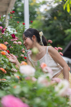 Asian woman turning around smiling in blooming rose garden cafe.