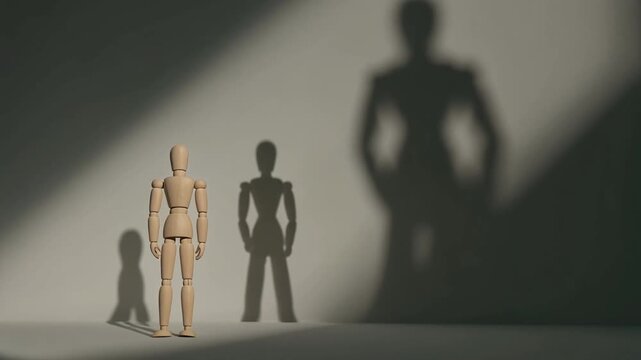 背後に伸びる巨大な影と向き合う木製フィギュア