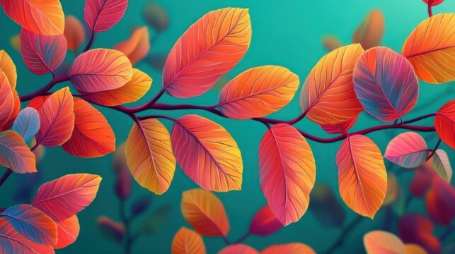 Vibrant stylized branch of multicolored autumn leaves in warm orange red and pink hues against a soft teal background evoking an uplifting serene mood
