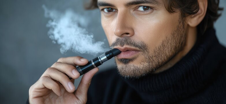 close-up portrait of a contemplative bearded man in a black turtleneck vaping an e-cigarette and exhaling a cloud of vapor against a gray background