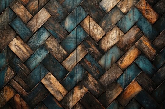 weathered teal and brown wooden herringbone parquet with worn textured planks conveying rustic warmth