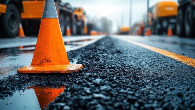 orange traffic cone on wet freshly laid asphalt with puddle reflection, blurred construction trucks and yellow road line in a rainy overcast roadwork scene conveying caution