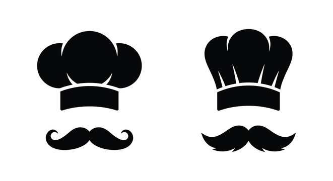 Two black silhouettes of chef hats with mustaches on a white background
