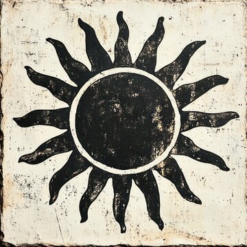black stylized sun with wavy rays painted on a distressed cream background conveying a vintage rustic warm feeling