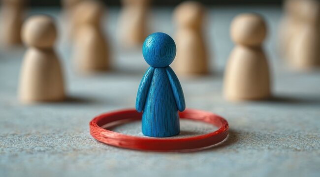 blue wooden figure isolated inside a red circle surrounded by blurred beige wooden figures conveying exclusion and loneliness
