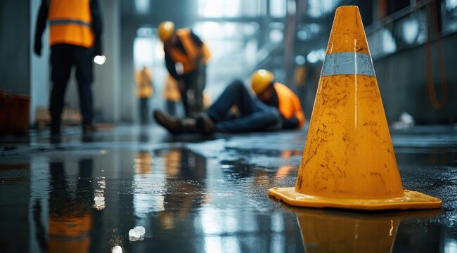 orange safety cone on wet reflective floor in an industrial site as construction workers in hard hats tend to an injured colleague, urgent concerned atmosphere