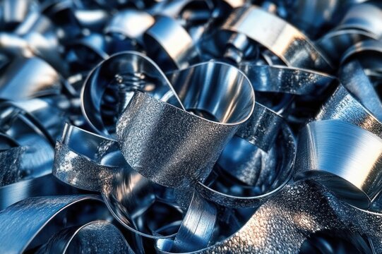 tangled shiny metal ribbons and curled shavings in cool blue light evoking cold industrial complexity