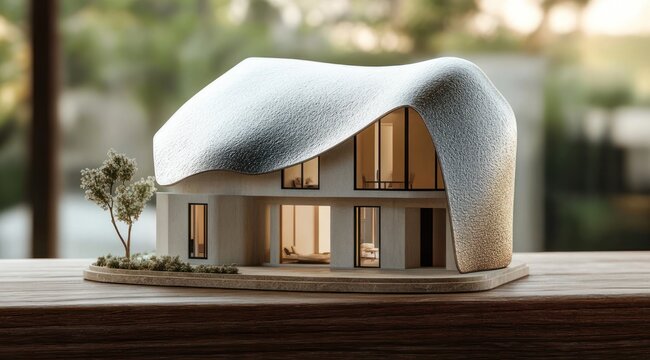 Miniature modern two-story house model with smooth undulating white roof, warm interior lighting, small landscaped base and tree on wooden table, cozy and whimsical mood