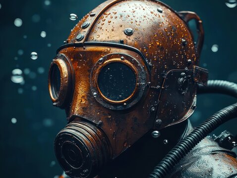 rusted vintage deep-sea diving helmet with corrugated hose and water bubbles in a dark moody underwater scene conveying isolation and mystery