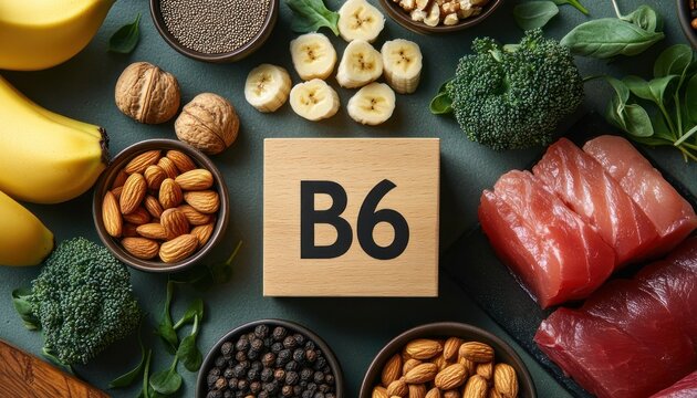 fresh nourishing spread of vitamin b6 foods with a wooden block labeled b6 surrounded by bananas and banana slices, almonds, walnuts, broccoli, spinach, seeds, peppercorns and raw red fish