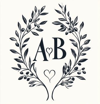 Elegant romantic monogram of letters A and B framed by symmetrical olive branch wreaths with small hearts, hand-drawn botanical design evoking love and celebration