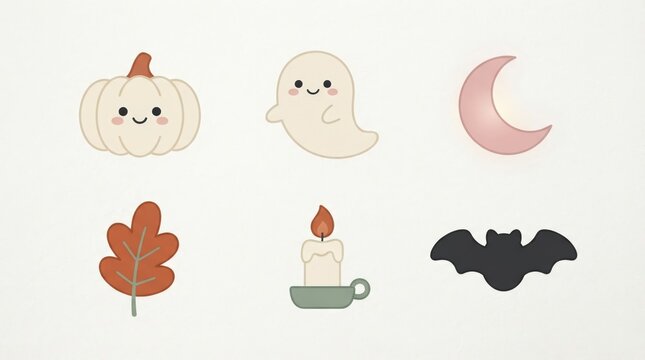 Cute Friendly Halloween Line Icon Set featuring Ghost Pumpkin Bat Candy and Crescent Moon