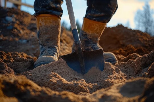 muddy yellow work boots digging with a shovel into a sand pile at an outdoor construction site, gritty effort and determination in warm low light