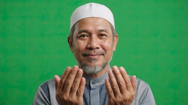 Elderly Asian Muslim Man Praying and Making Dua While Smiling Against a Green Screen Background