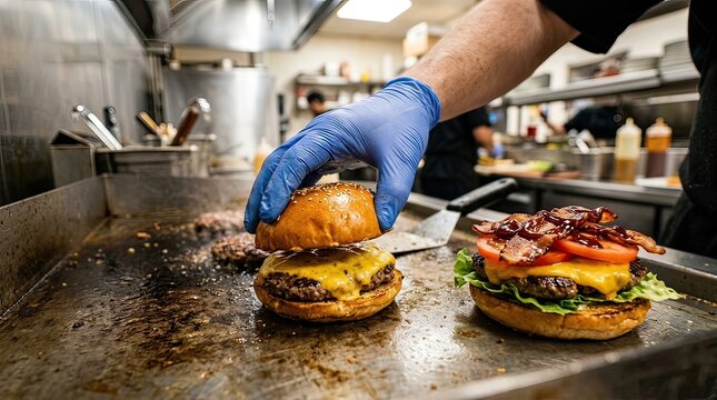 A skilled culinary expert meticulously crafts a delicious gourmet burger using only the freshest high quality ingredients within a busy restaurant kitchen setting