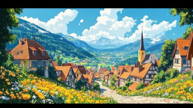 sunlit alpine village in a flower-filled valley with cobblestone lane, half-timbered houses, red roofs and a tall church spire, peaceful and idyllic mood