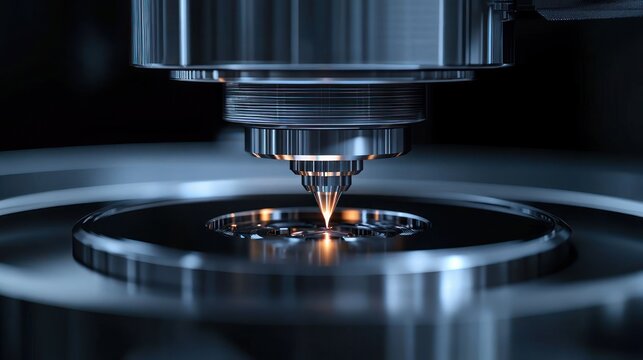 precision laser machining head creating a focused glowing spark on a circular metal surface under cool blue industrial lighting, high-tech intensity and accuracy