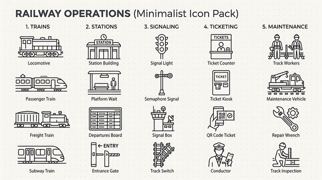 Minimalist Railway Operations Icon Set Featuring Trains Stations Signaling Ticketing and Maintenance Symbols