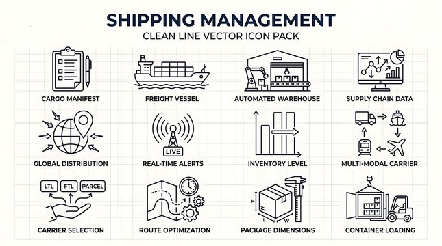 Linear logistics and supply chain management icon set with cargo transport, freight delivery, warehouse, inventory and global distribution symbols