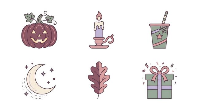 Cute Pastel Aesthetic Halloween Party Icons Set with Cupcake Cocktail Magic Hat and Candle