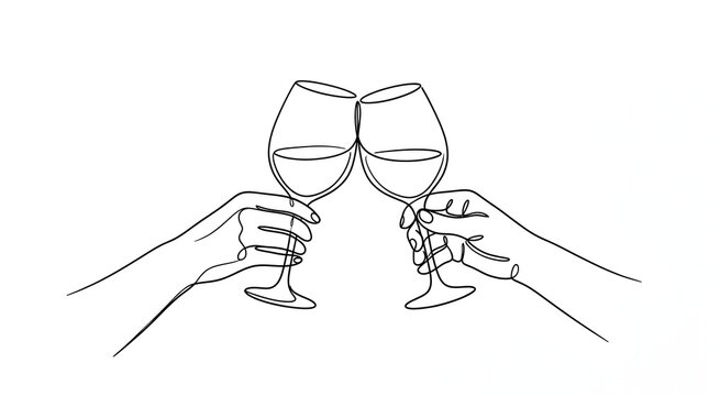 Line drawing of two hands clinking wine glasses in a toast with the words "CHEERS!" and "SALUTE!", black and white celebration illustration for parties and happy occasions