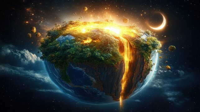 Surreal floating planet with lush forest and glowing molten waterfall pouring over a cliff into space, surrounded by asteroids and a crescent moon, evoking awe and looming peril