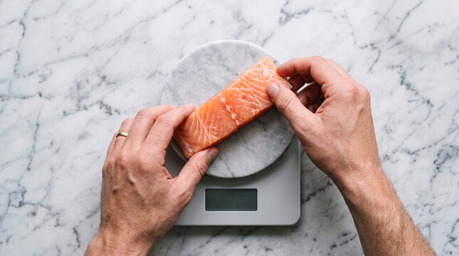 Hands placing raw pink salmon fillet on white marble kitchen scale over bright marble background for precise meal prep.