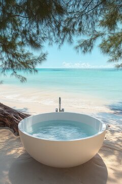 round white freestanding bathtub filled with water sitting on soft sand beneath overhanging tree branches, facing a turquoise ocean horizon &mdash; serene and inviting relaxation