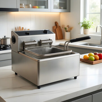 Home cooking and culinary preparation, stainless steel deep fryer appliance on a modern kitchen countertop for frying food and restaurant style meals