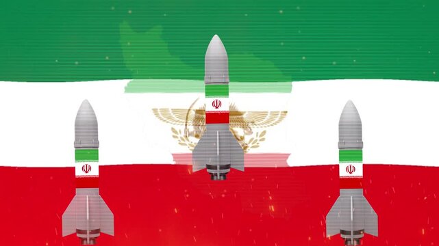 Waving iranian flag with a golden faravahar symbol and a map of iran background