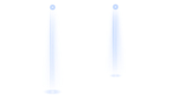 Holographic projections casting vertical blue light rays onto a plain transparent background with faint circular nodes at the top and soft glowing pools at the base.