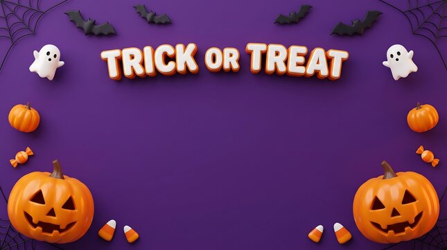 Trick or treat halloween greeting background with carved pumpkins ghost bats web and candy on purple jack olantern cute ghost spider web candy corn halloween decorations spooky season