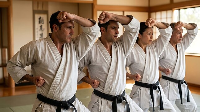 Four martial artists in white gis and black belts practicing karate in a dojo, performing a synchronized blocking technique.
