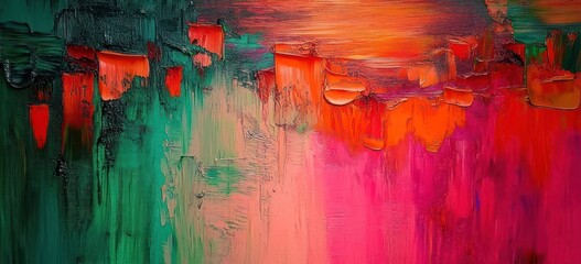 vibrant textured abstract painting with thick impasto strokes of teal and green blending into warm pinks, reds and orange conveying energetic movement and passion