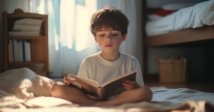 Young child sitting cross-legged on a bedroom floor reading a book in soft morning sunlight, calm and absorbed beside a bunk bed with blanket, bookshelf, window curtains and woven basket
