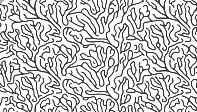 Intricate seamless abstract pattern in black and white resembling marine coral structures or brain maze convolutions.
