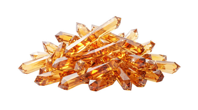Amber citrine crystals pile, glowing orange quartz gemstones on white background, translucent mineral stones for healing and jewelry
