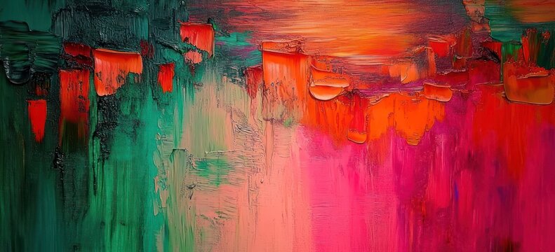 vibrant textured abstract painting with thick impasto strokes of teal and green blending into warm pinks, reds and orange conveying energetic movement and passion