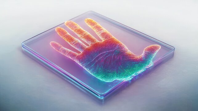 Glowing multicolored handprint on a transparent glass plate with heatmap textures, evoking a futuristic and mysterious biometric scan