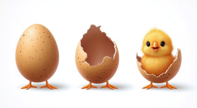 Speckled brown egg with tiny orange feet, a cracked egg mid-hatch, and an adorable joyful yellow chick emerging, playful and surprised