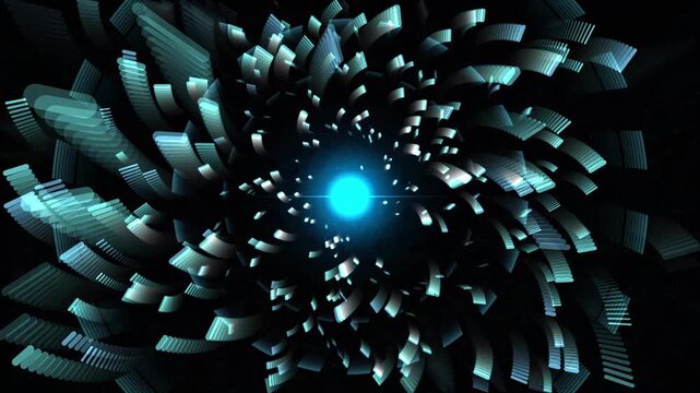 Abstract digital vortex tunnel with glowing blue light at center dynamic motion background