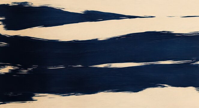 wide navy blue horizontal paint strokes on beige canvas conveying calm motion