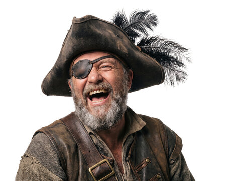 Middle aged man in pirate costume with tricorn hat and eye patch laughing