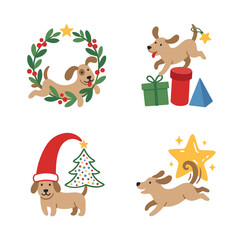 Naklejka premium Cute Christmas puppy clipart set with reindeer wreath and gifts
