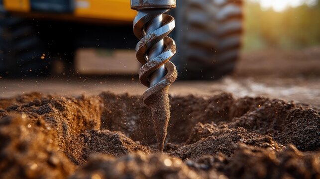 close-up of auger drill bit biting into soil with flying dirt and blurred tractor tire in warm golden light conveying dynamic industrial power and rugged outdoor work